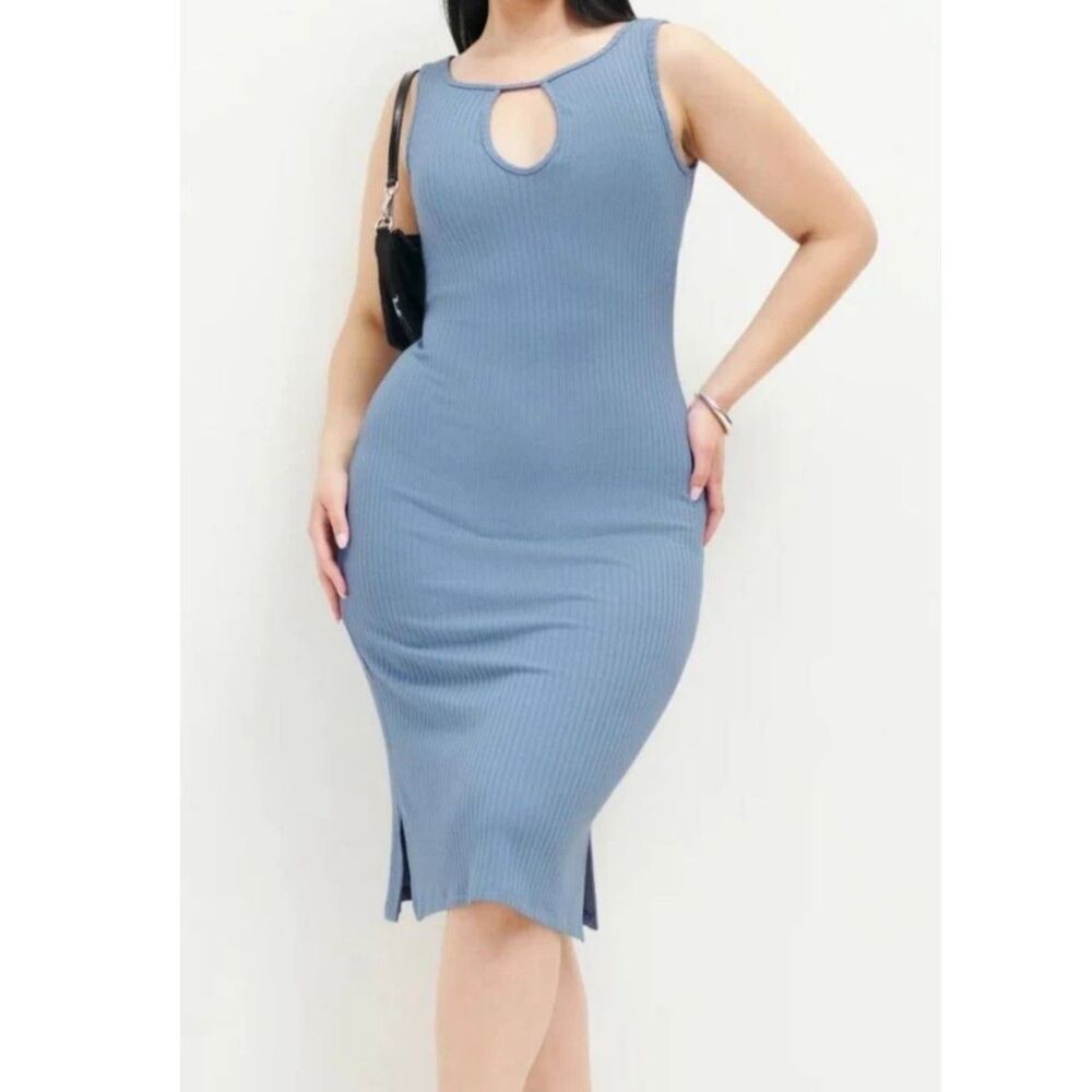 NEW Reformation Willie Dress Rib Knit Bodycon Soft Clean Girl Minimal Sz M Blue